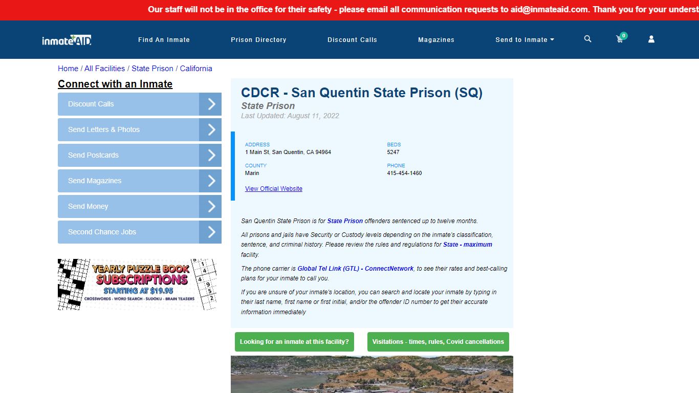 CDCR - San Quentin State Prison (SQ) & Inmate Search - San ...