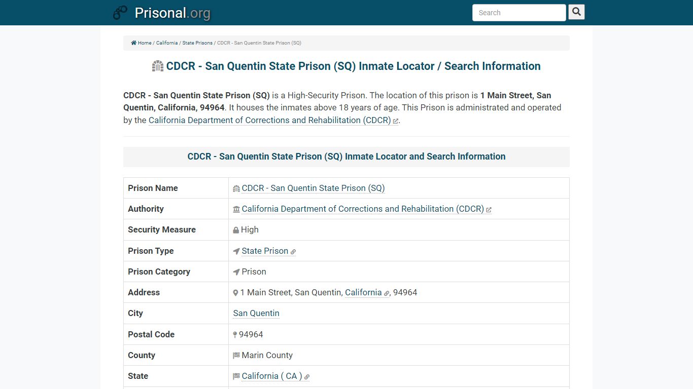 CDCR - San Quentin State Prison (SQ)-Inmate Locator/Search ...